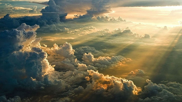 sun rays, clouds, sunlight, sunset, aerial view, mist, landscape