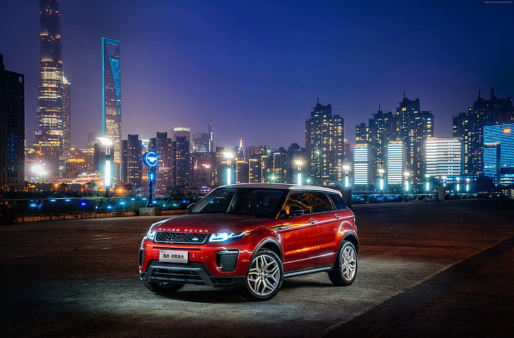 red, night, town, Range Rover Evoque, city, building exterior