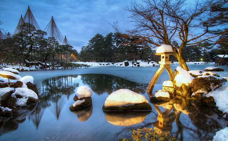 Kenrokuen Garden, Winter, Evening, Asia, Japan, Sunrise, White, HD wallpaper