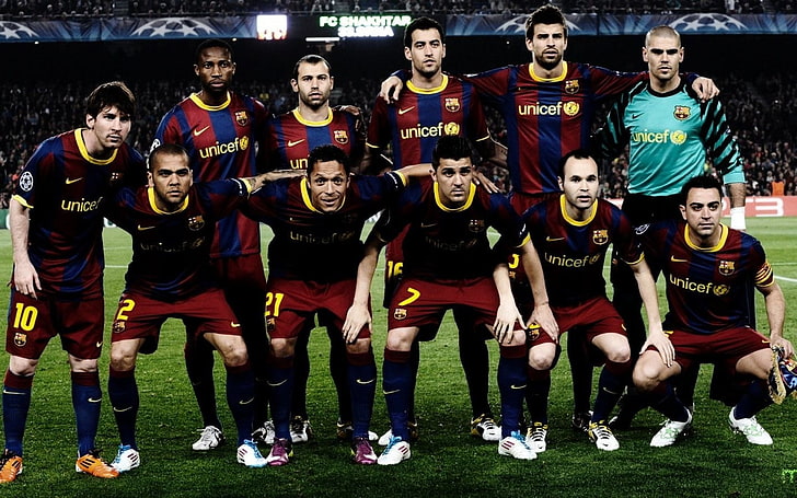 FC Barcelona soccer team, sport, men, group of people, front view, HD wallpaper