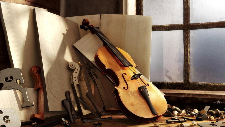 brown violin, windows, light, room, details, music, musical Instrument, HD wallpaper
