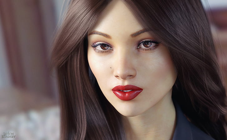 Face, eyes, lipstick, women's red lips, girl, hair, rendering
