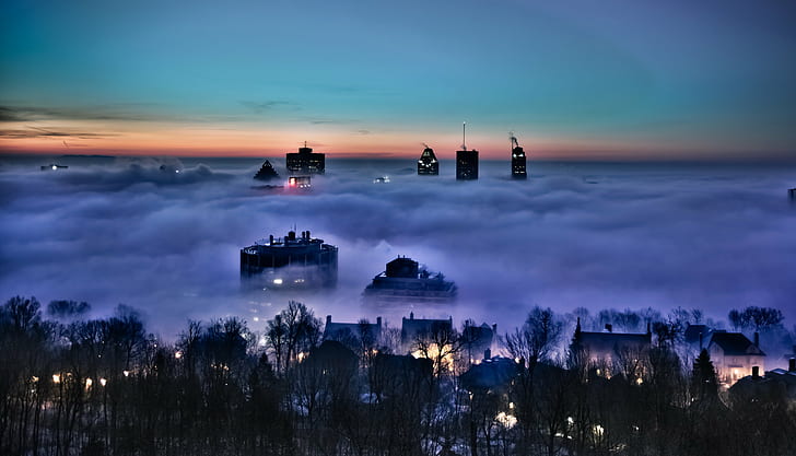 aerial photography of city covered in fog, Submerged, Montreal  Canada, HD wallpaper