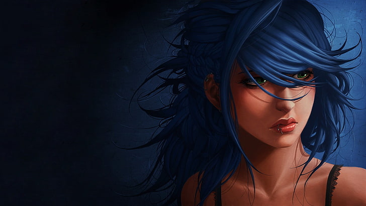 blue-haired anime wallpaper, artwork, blue hair, green eyes, women