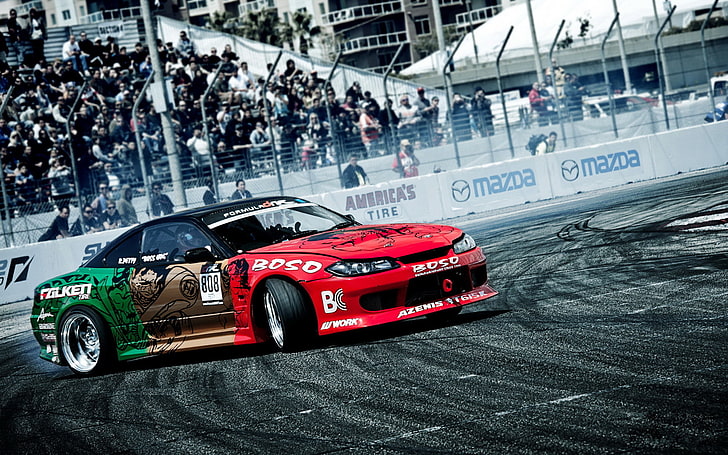 red and green coupe, skid, drift, Nissan, silvia, s15, formula drift