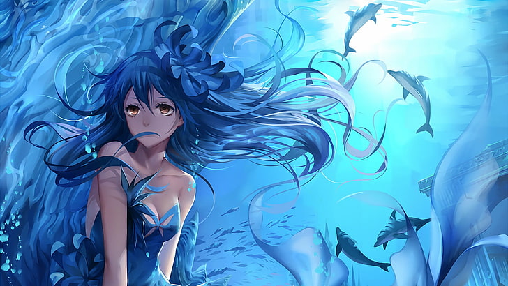 HD wallpaper: anime girls, one person, women, blue, beauty, sea, water,  young women | Wallpaper Flare