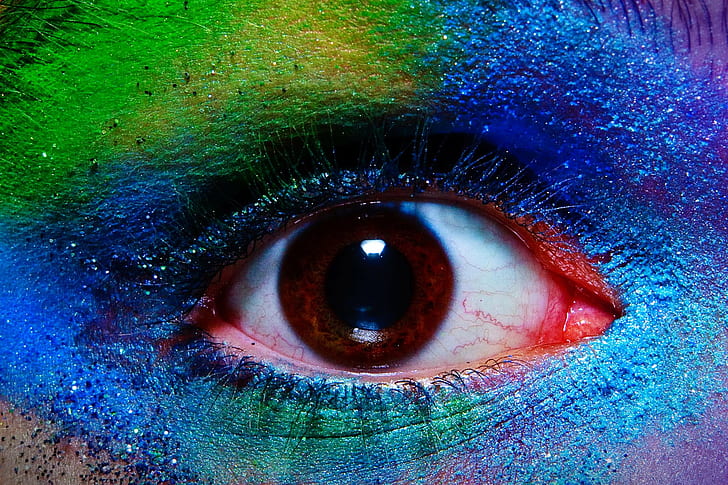 close-up photography of human eye with green and blue eyeshadow, HD wallpaper