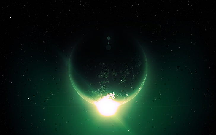 eclipse wallpaper, green, planet, stars, space, space art, astronomy