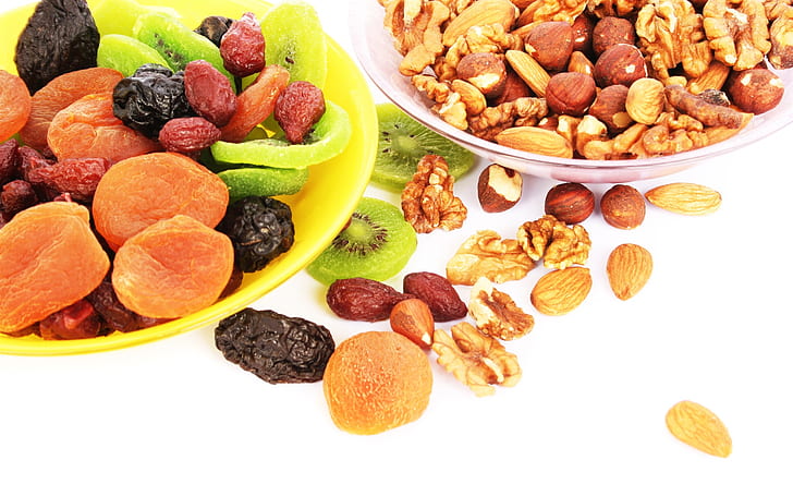 Nuts, dried fruits, kiwi, apricots, prunes, HD wallpaper