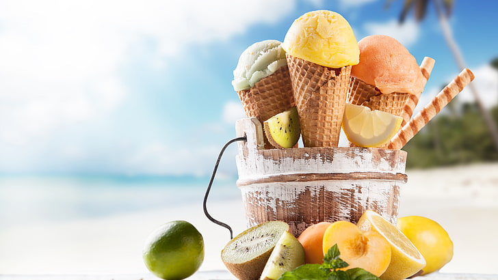 selective focus photography of ice cream with cones on brown wooden bucket, HD wallpaper