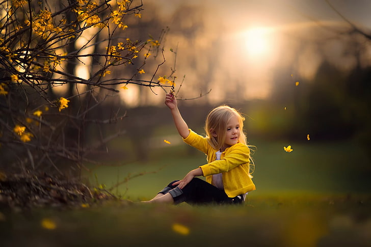 girl's yellow jacket, nature, children, childhood, one person, HD wallpaper