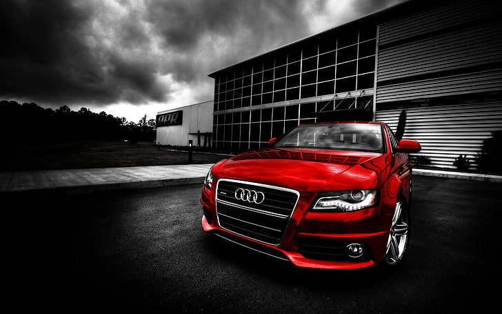 red Audi car, mode of transportation, cloud - sky, architecture