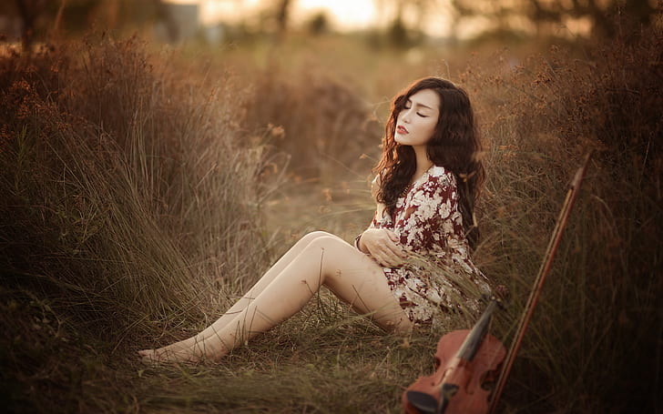 Summer grass, girl, asian, violin, music, HD wallpaper