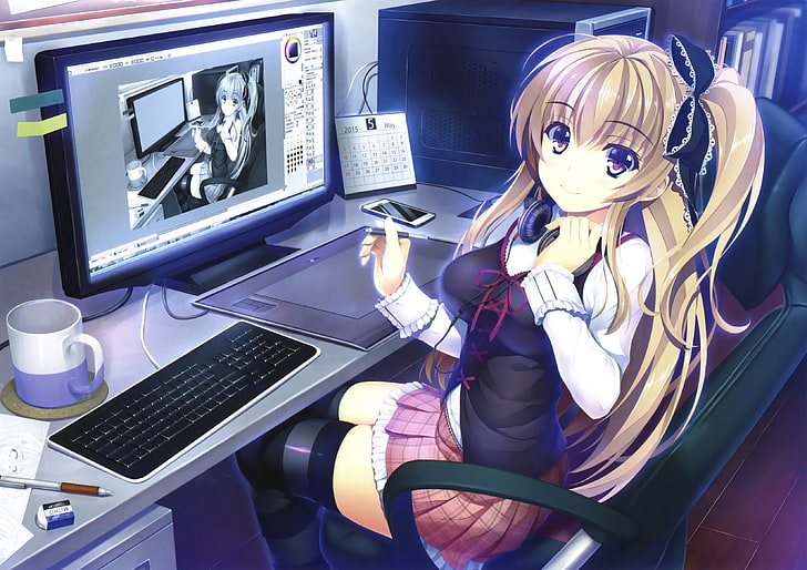 female anime character, original characters, computer, keyboards, HD wallpaper