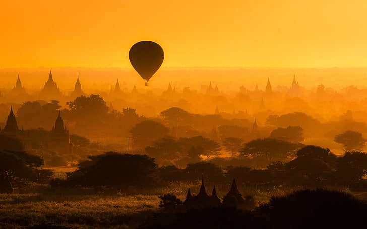 hot air balloon, trees, architecture, silhouettes, temples, Myanmar
