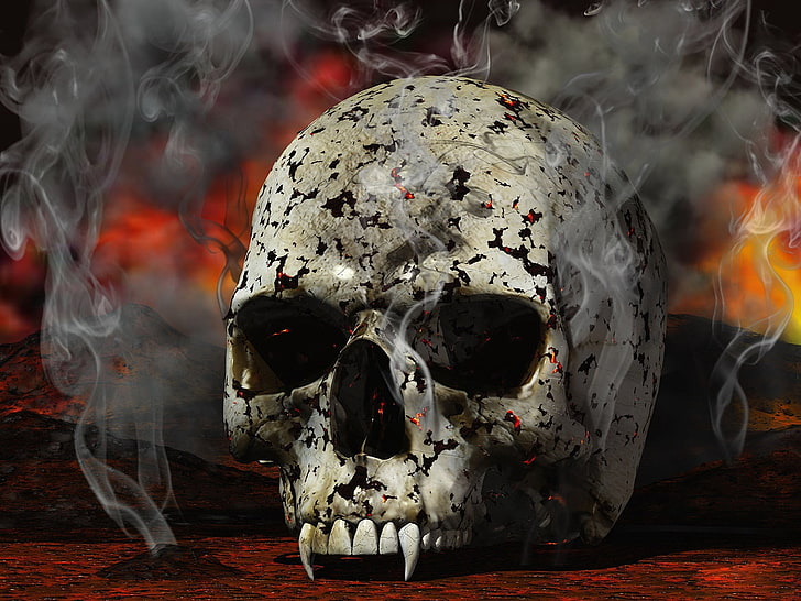 white skull illustration, black, red, smoke, halloween, horror