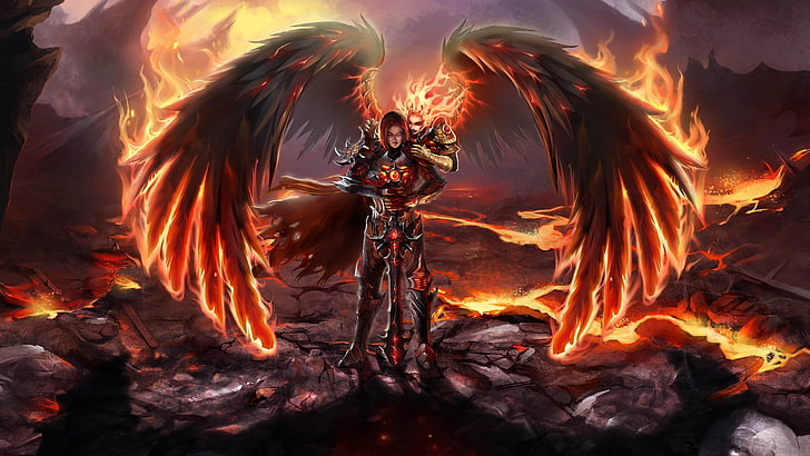 anime character woman with wings and sword wallpaper, lava, demon HD wallpaper