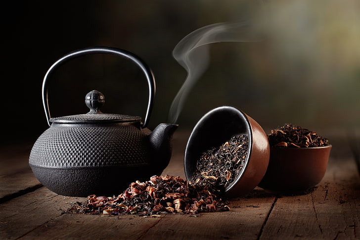 black teapot, kettle, welding, bowls, food and drink, table, wood - material, HD wallpaper