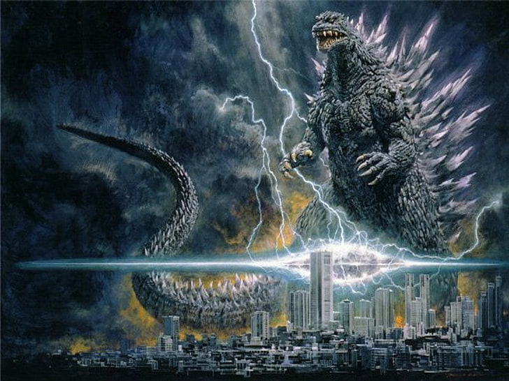 Godzilla digital wallpaper, night, science, architecture, water