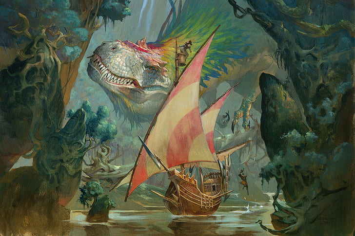 Monster, Ship, Lizard, Dinosaur, Art, Fiction, Magic the Gathering, HD wallpaper