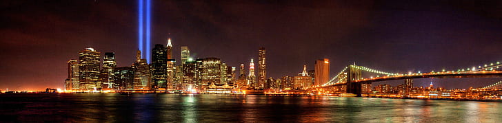 city buildings during night time, WTC, Tribute in Light, Panorama  city