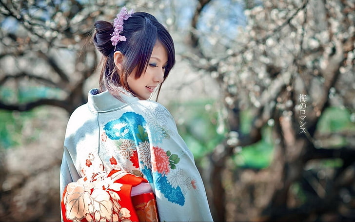 women's blue and multicolored floral kimono, brunette, asian