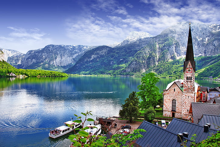 HD wallpaper: trees, landscape, mountains, nature, lake, home, boats,  Austria | Wallpaper Flare