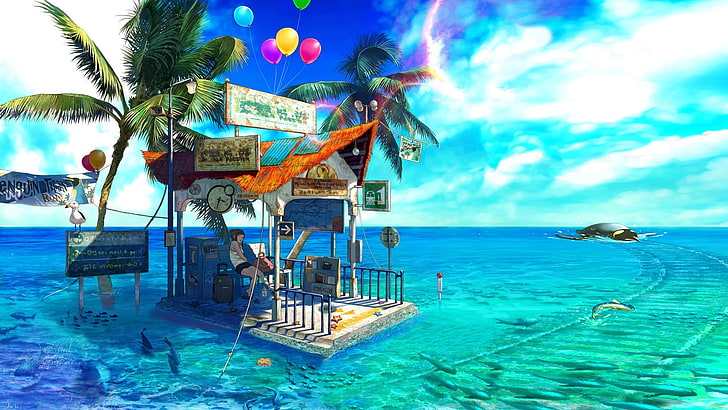 sea, fish, palm trees, balloon, anime girls, artwork, sky, water