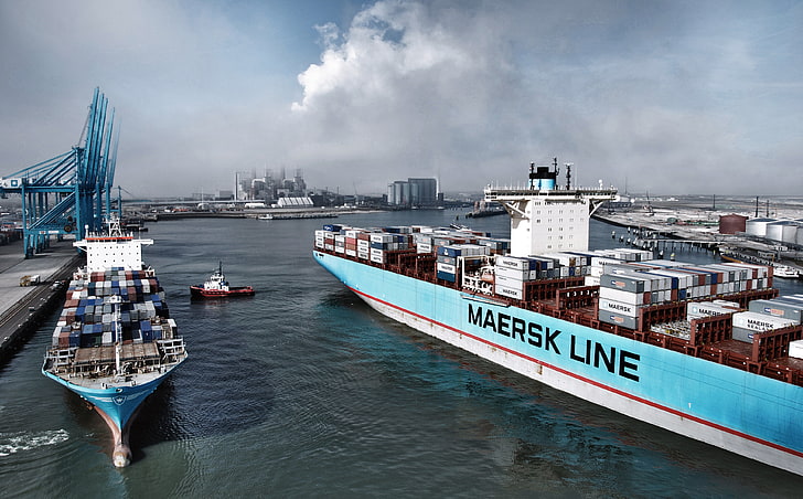 white Maersk Line ship, Sea, Port, Pier, Smoke, The ship, A container ship