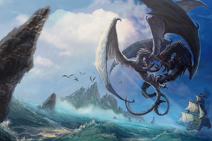 The ocean, Sea, Dragon, Monsters, Rocks, Ship, Battle, Art, HD wallpaper