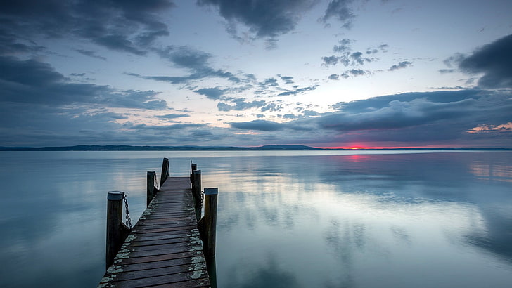 brown dock, sunset, water, pier, sky, tranquility, beauty in nature