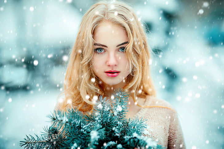 women, face, blonde, portrait, blue eyes, snow, depth of field