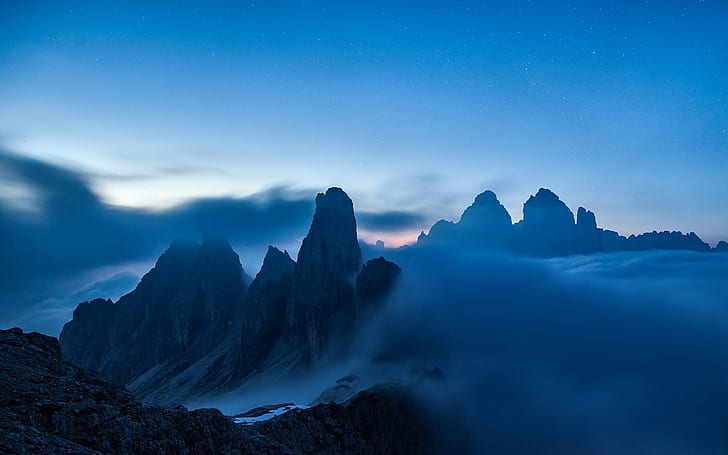 nature, landscape, mist, blue, mountains, evening, Alps, clouds, HD wallpaper