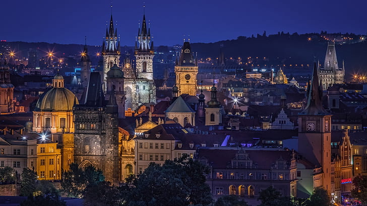 prague, czech republic, europe, urban area, sky, skyline, night, HD wallpaper