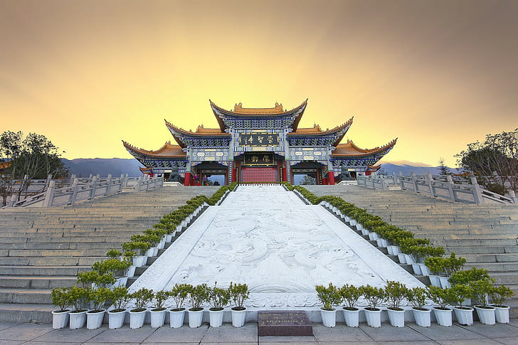 sun rays, architecture, China, city, Asian architecture, building, HD wallpaper