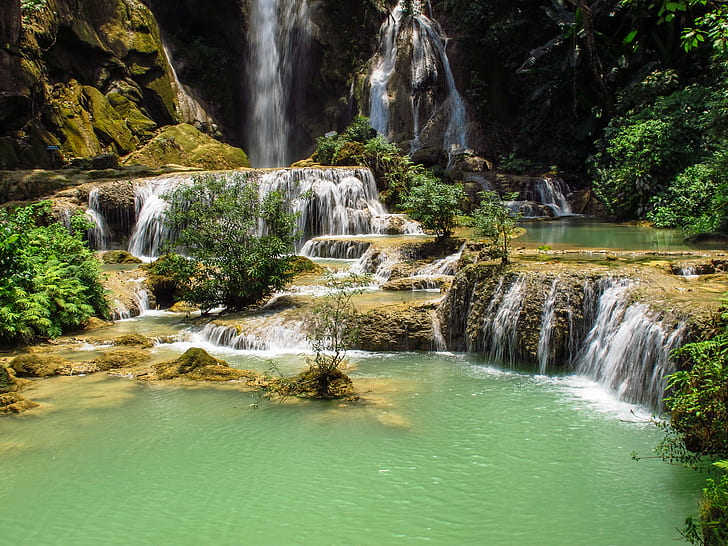 water falls during daytime, luang prabang, luang prabang, waterfall, HD wallpaper