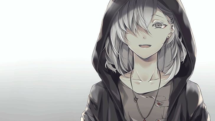 hoodie, anime art, white hair, HD wallpaper