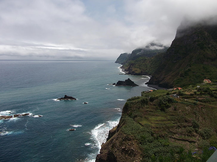 mountain ranges and body of water, madeira, island, sea, cliff, HD wallpaper
