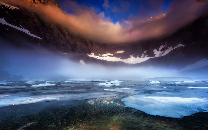 nature, landscape, lake, Glacier National Park, morning, mist