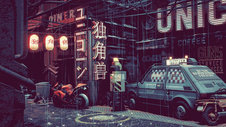 Japan, pixel art, urban, rain, HD wallpaper
