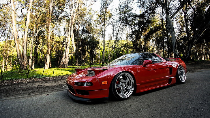 red coupe, Stance, Honda NSX, car, red cars, trees, mode of transportation