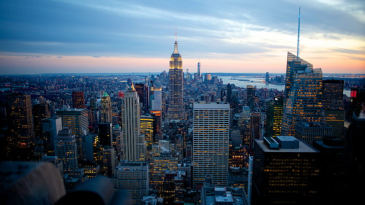 city buidings under sunset, Empire State Building, Top of the Rock, HD wallpaper