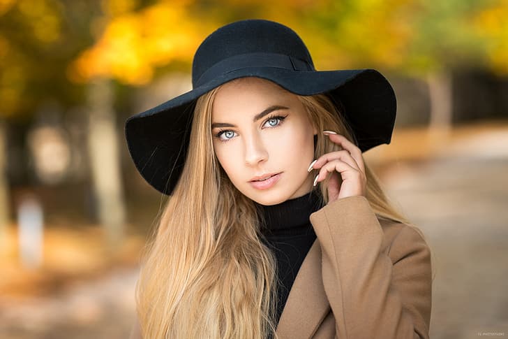 autumn, look, pose, background, model, portrait, hat, makeup, HD wallpaper