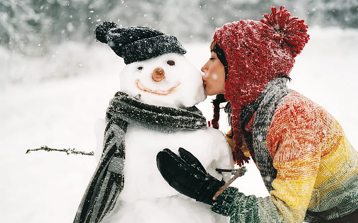 HD wallpaper: Girl Kissing Snowman, Nature, Winter | Wallpaper Flare
