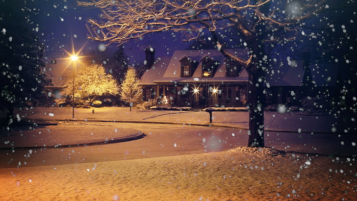 snowfall, night, winter, light, streetlight, evening, sky, house, HD wallpaper
