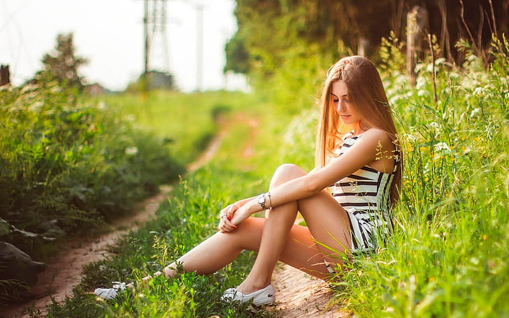 Girl in summer, relaxation, nature, grass, HD wallpaper
