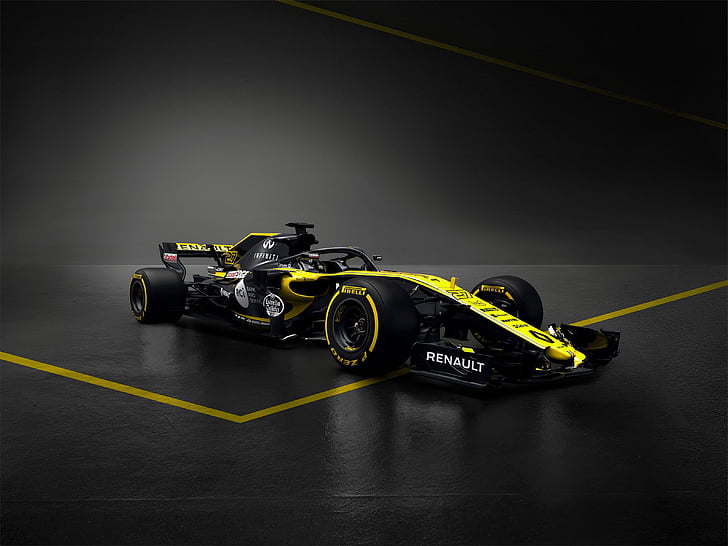 black and yellow F1 die-cast toy, Renault R.S.18, F1 2018, Formula One