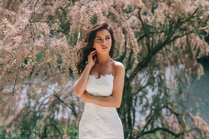 Aurela Skandaj, women, model, white dress, looking away, portrait, HD wallpaper