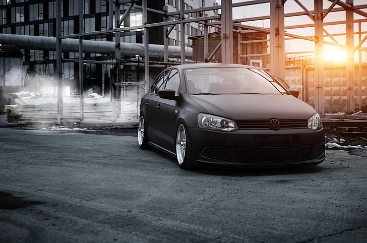 black Volkswagen Golf, polo, stance, bagged, airlift, polosedan, HD wallpaper