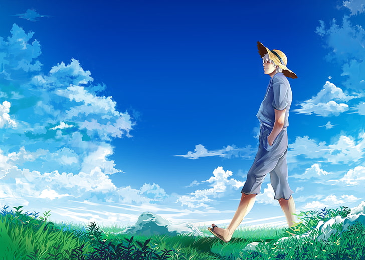 male anime character digital wallpaper, the sky, clouds, hat